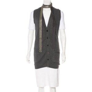 Robert Rodriguez Gray Cashmere Beaded Necktie Sleeveless Cardigan Sweater XSmall